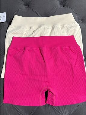 Ribbed High-Waist Bike Shorts in Hot Pink & Cream